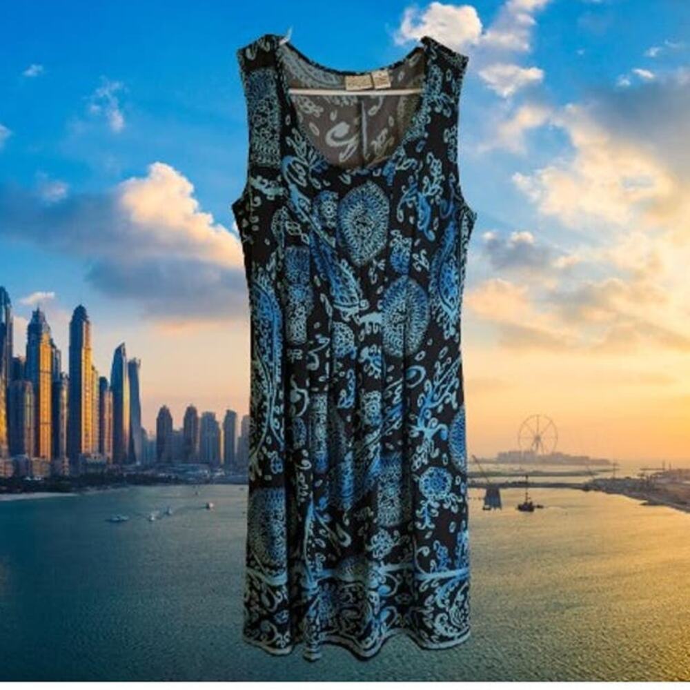 Kim Rogers Medium sleeveless polyester blend stretch blue black flowy dress.